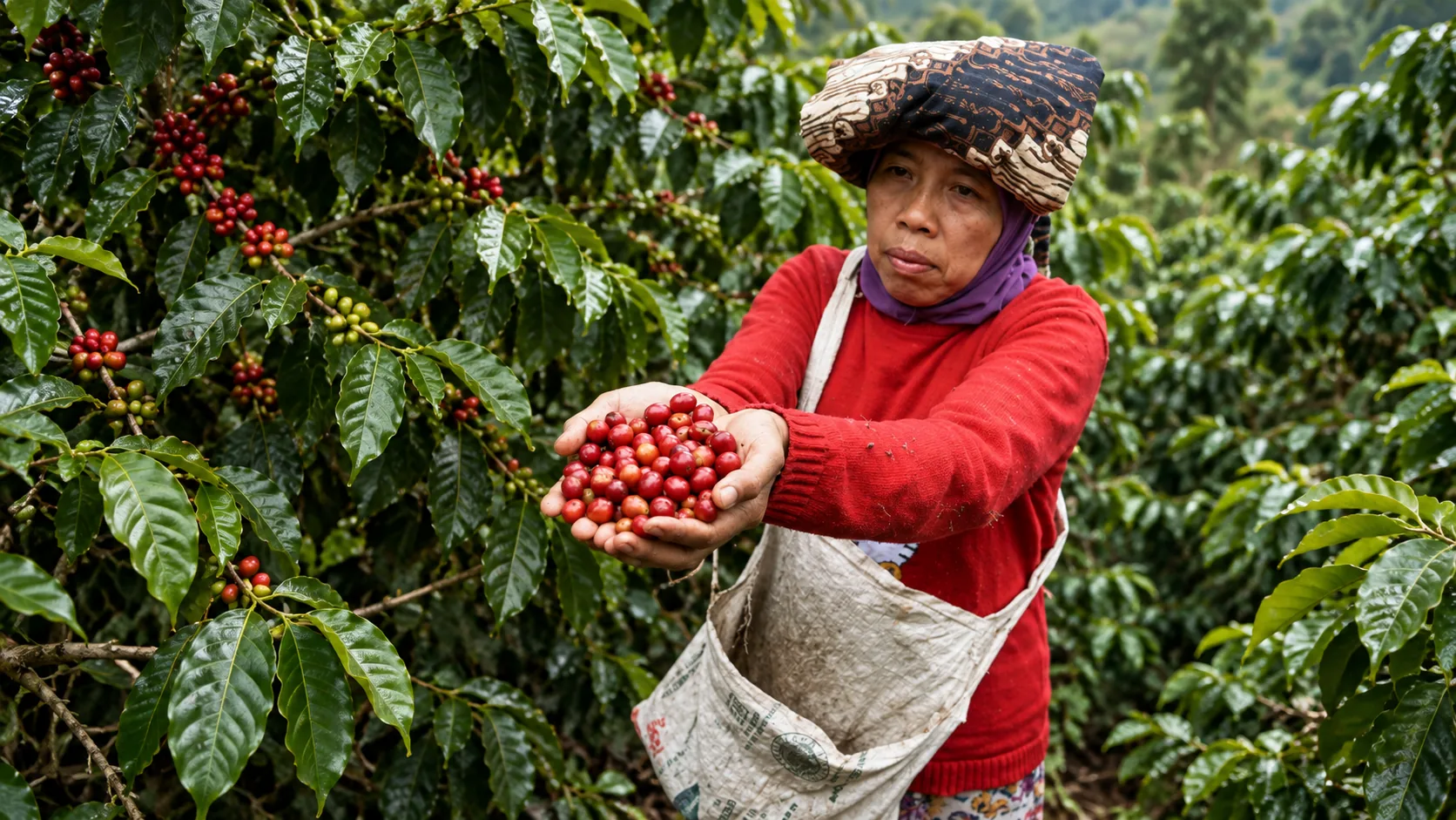A farmer showing freshly picked coffee cherries